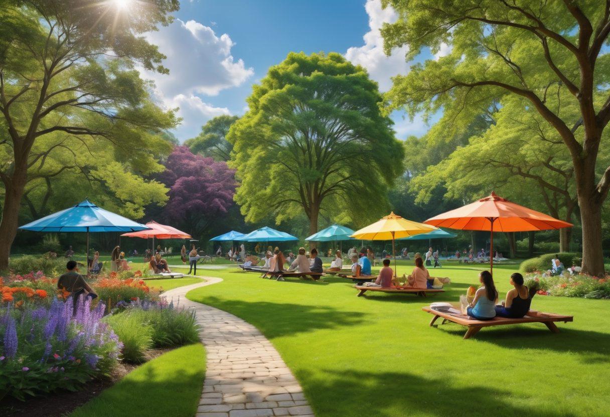 A serene landscape featuring a lush green park with people of diverse backgrounds laughing and enjoying picnics under colorful umbrellas, surrounded by blooming flowers. In the background, a yoga class taking place, and children playing with a dog. The sky is bright blue with fluffy white clouds, symbolizing joy and community wellness. super-realistic. vibrant colors.