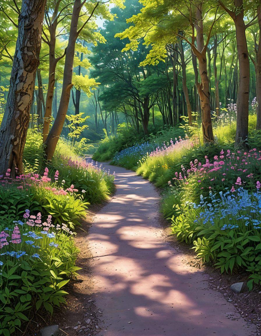 A serene landscape featuring a winding path through a lush green forest, with sunlight filtering through the trees, symbolizing a journey toward emotional well-being. Vibrant flowers bloom along the path and peaceful animals coexist in harmony. A person meditating on the side of the trail, exuding calm energy. Incorporate bright colors to evoke positivity and tranquility. super-realistic. vibrant colors. 3D.